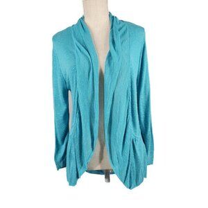 Dress Barn Cascade Front Open Cardigan Sweater Sz M Teal Blue Semi Sheer Light
